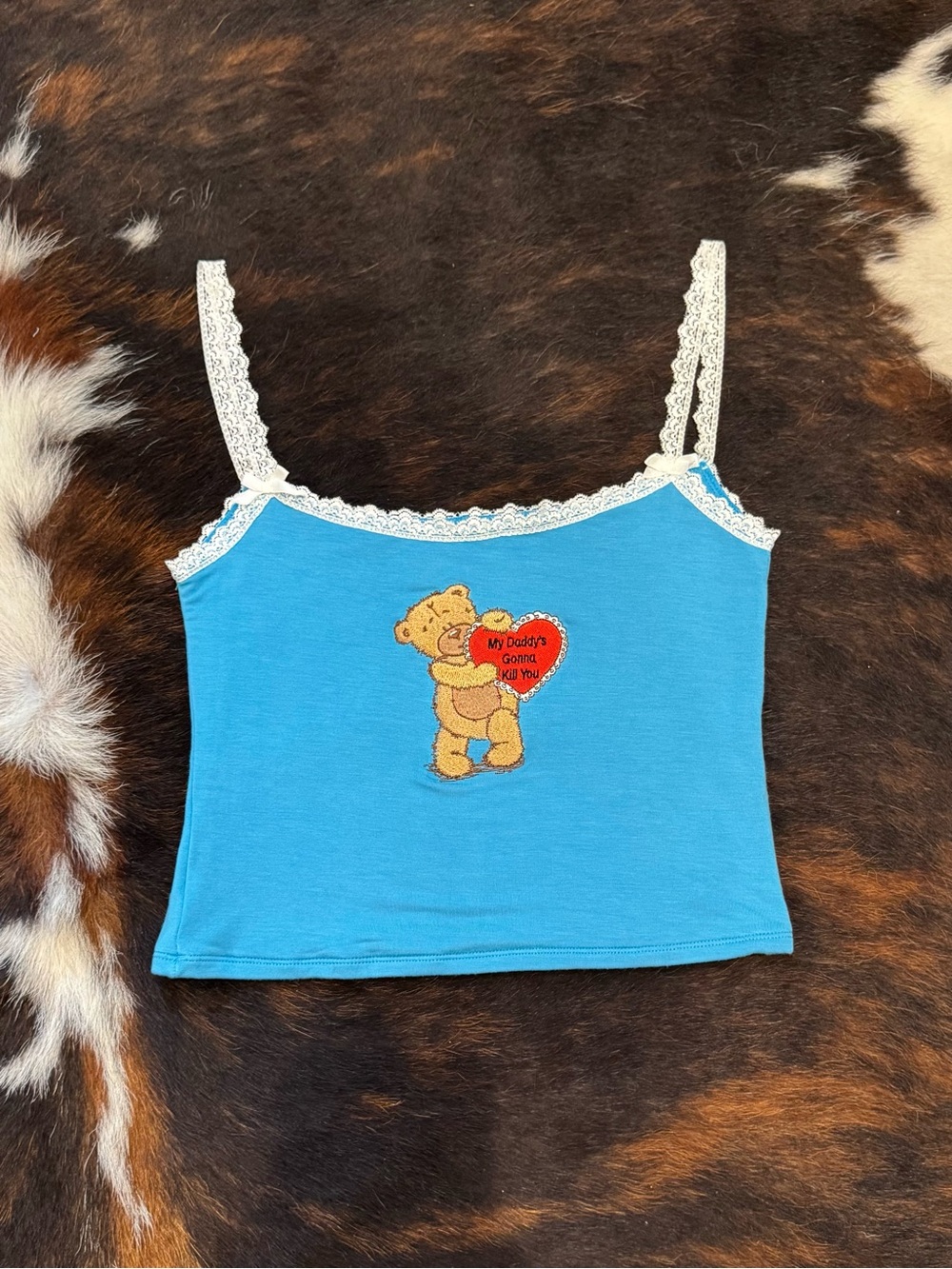 Omighty Brand Blue Lace-Trim Bear Heart Cropped Tank